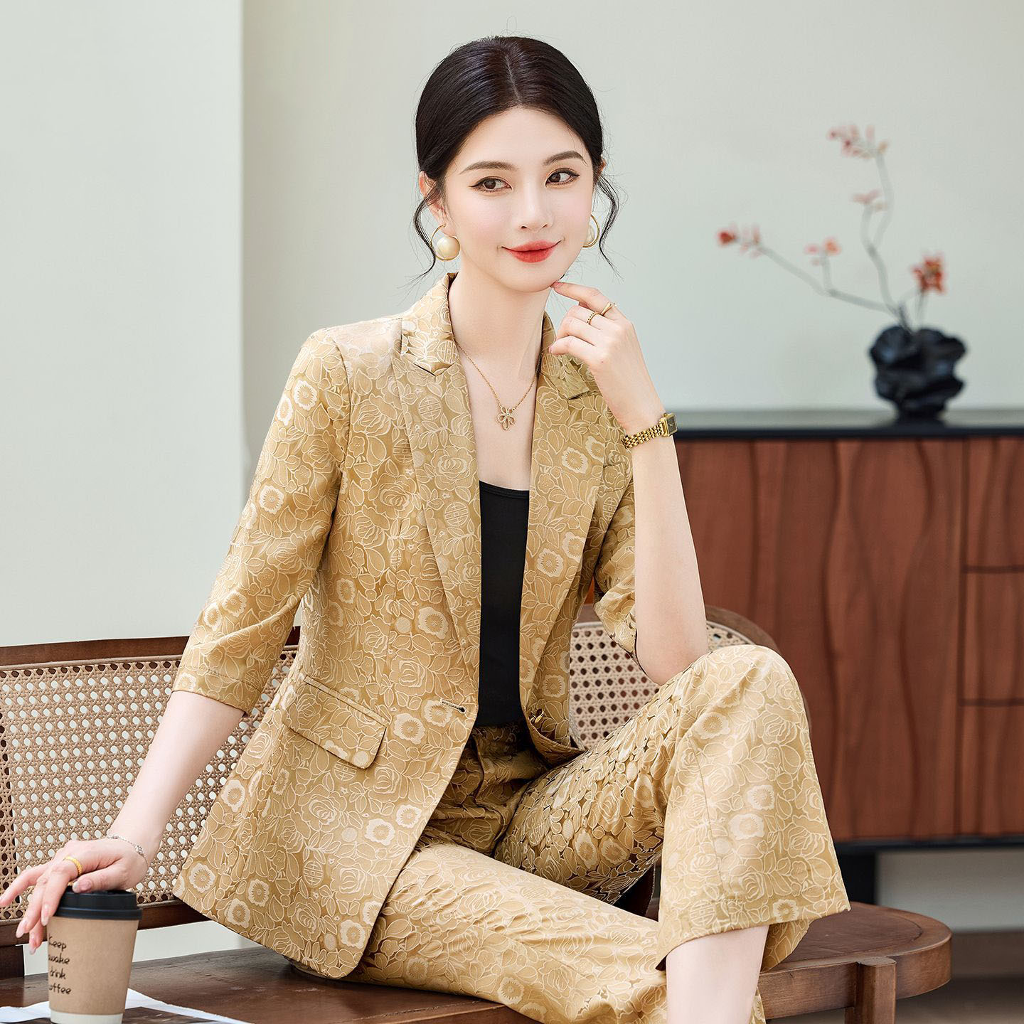Women Formal Wear Trousers - Fashion Apricot Half Sleeve Professional Suit