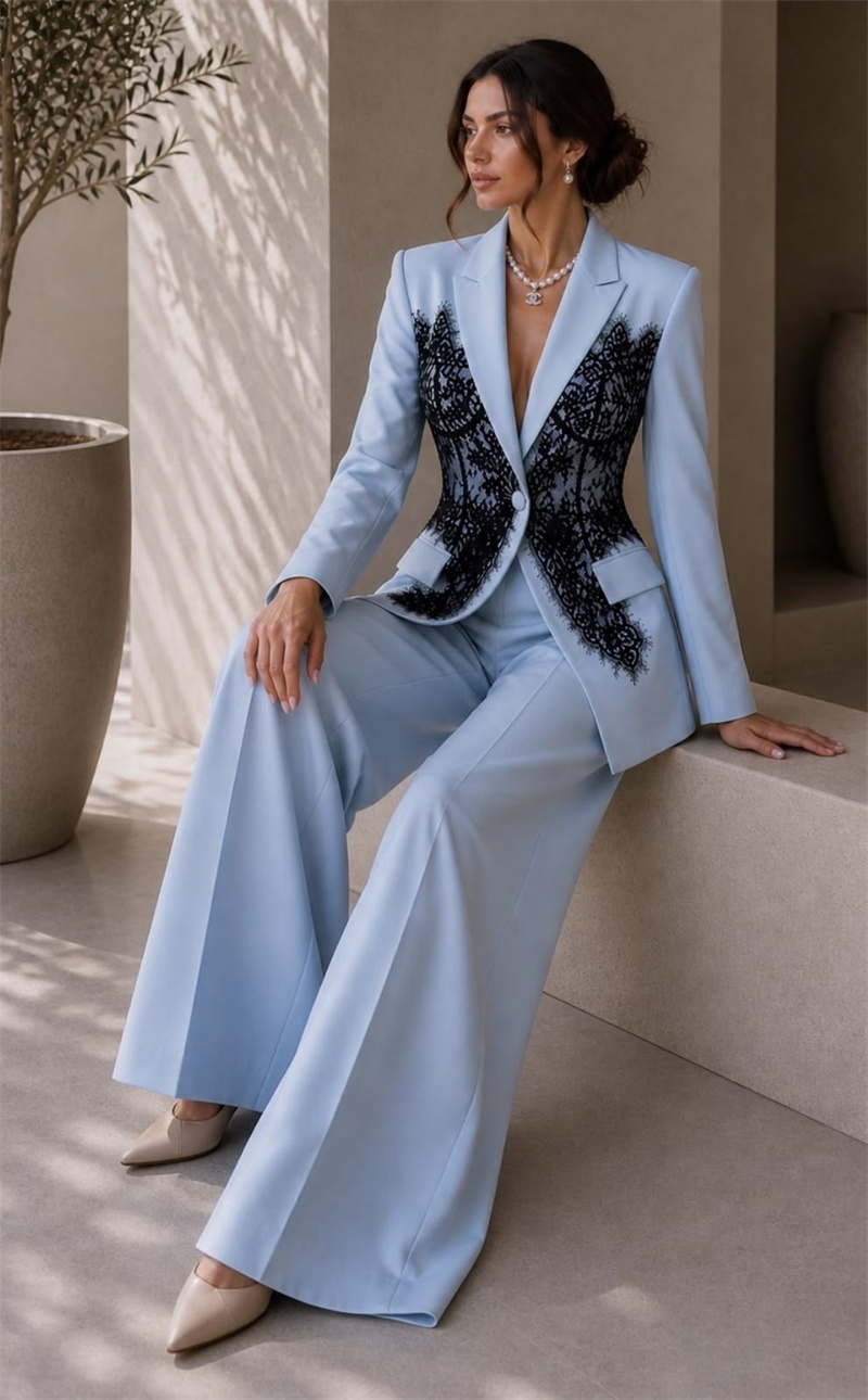 Women Formal Wear Trousers - Fashion Blue Women Suits Set 2