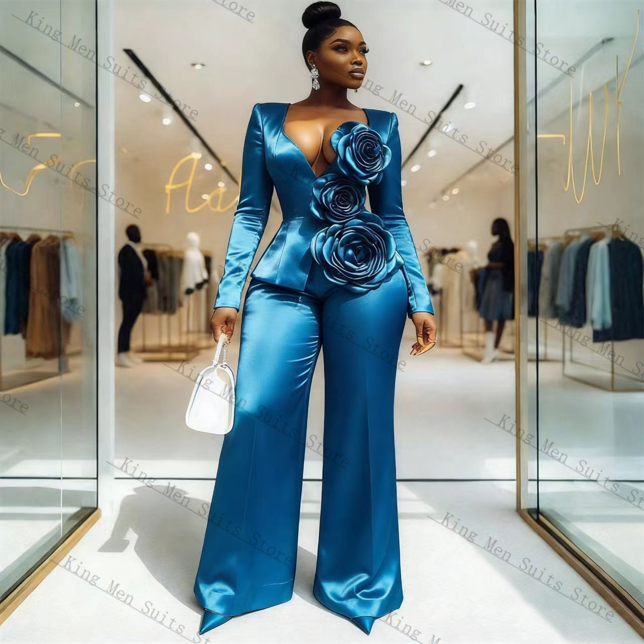 Blue Satin Women Suit Set 2 Pc - đánh giá và giá Women Formal Wear Trousers