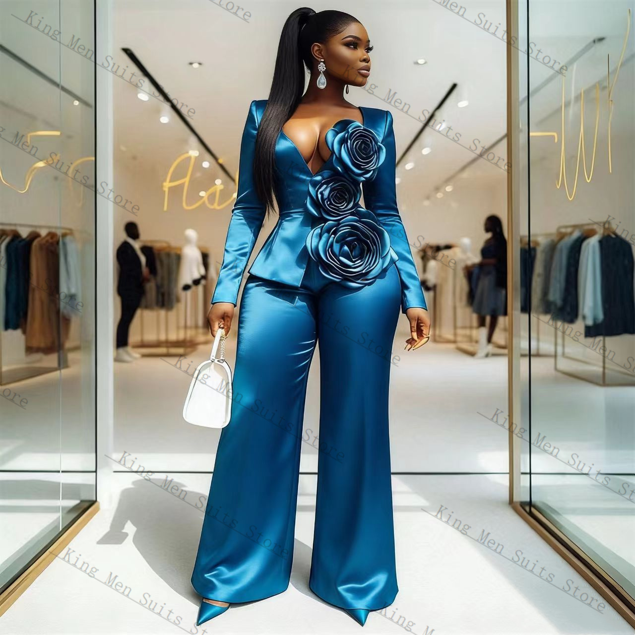 Blue Satin Women Suit Set 2 Pc - đánh giá và giá Women Formal Wear Trousers